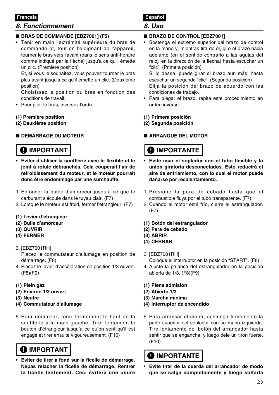 Fonctionnement 8. uso, Important, Importante | RedMax EBZ7001 User Manual | Page 29 / 56
