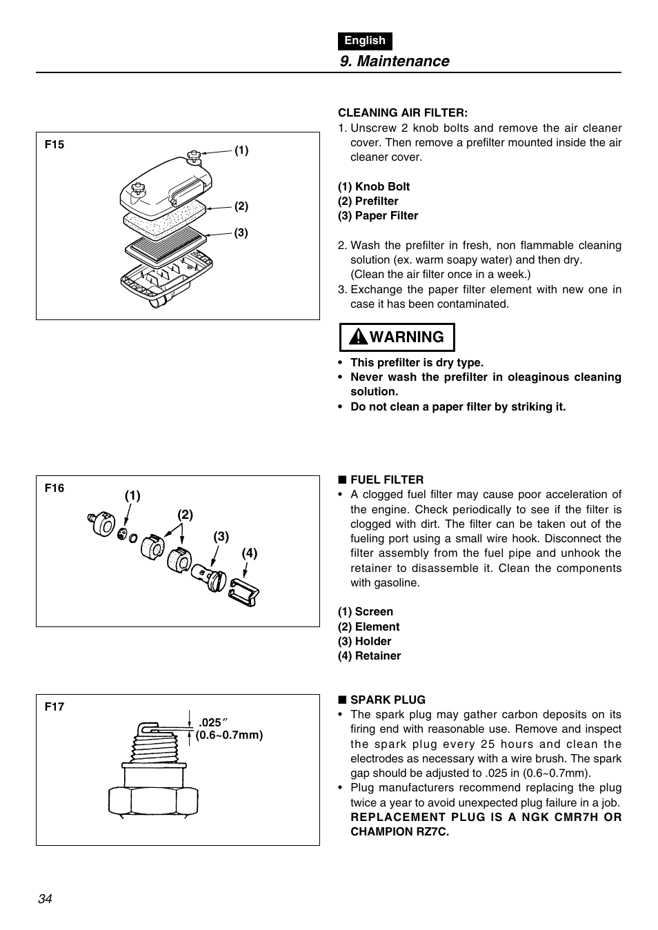 Maintenance, Warning | RedMax EBZ7001 User Manual | Page 34 / 56