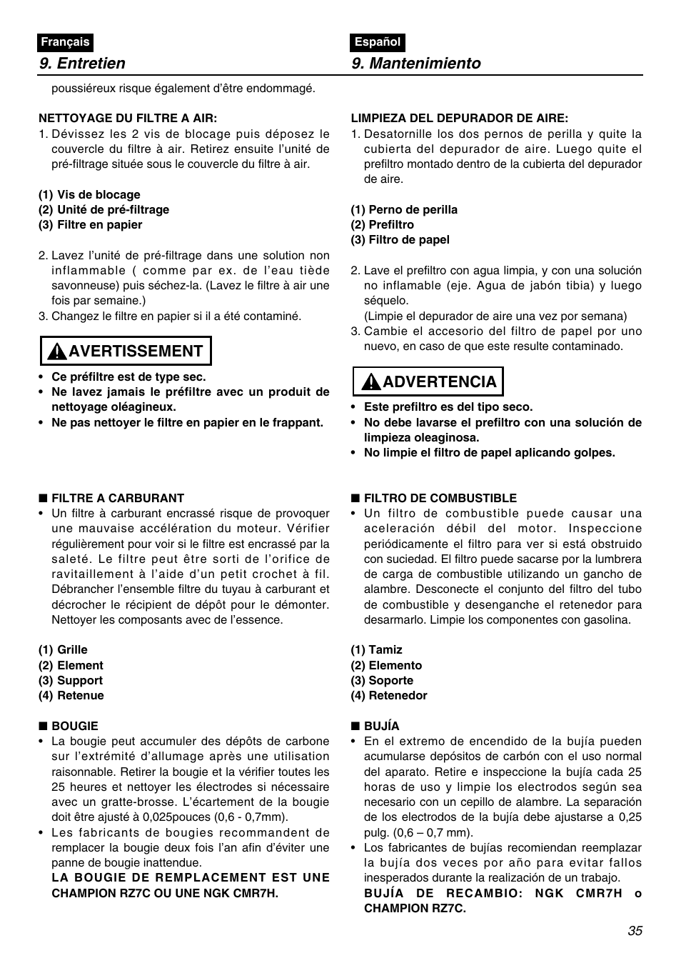 Entretien 9. mantenimiento, Avertissement, Advertencia | RedMax EBZ7001 User Manual | Page 35 / 56