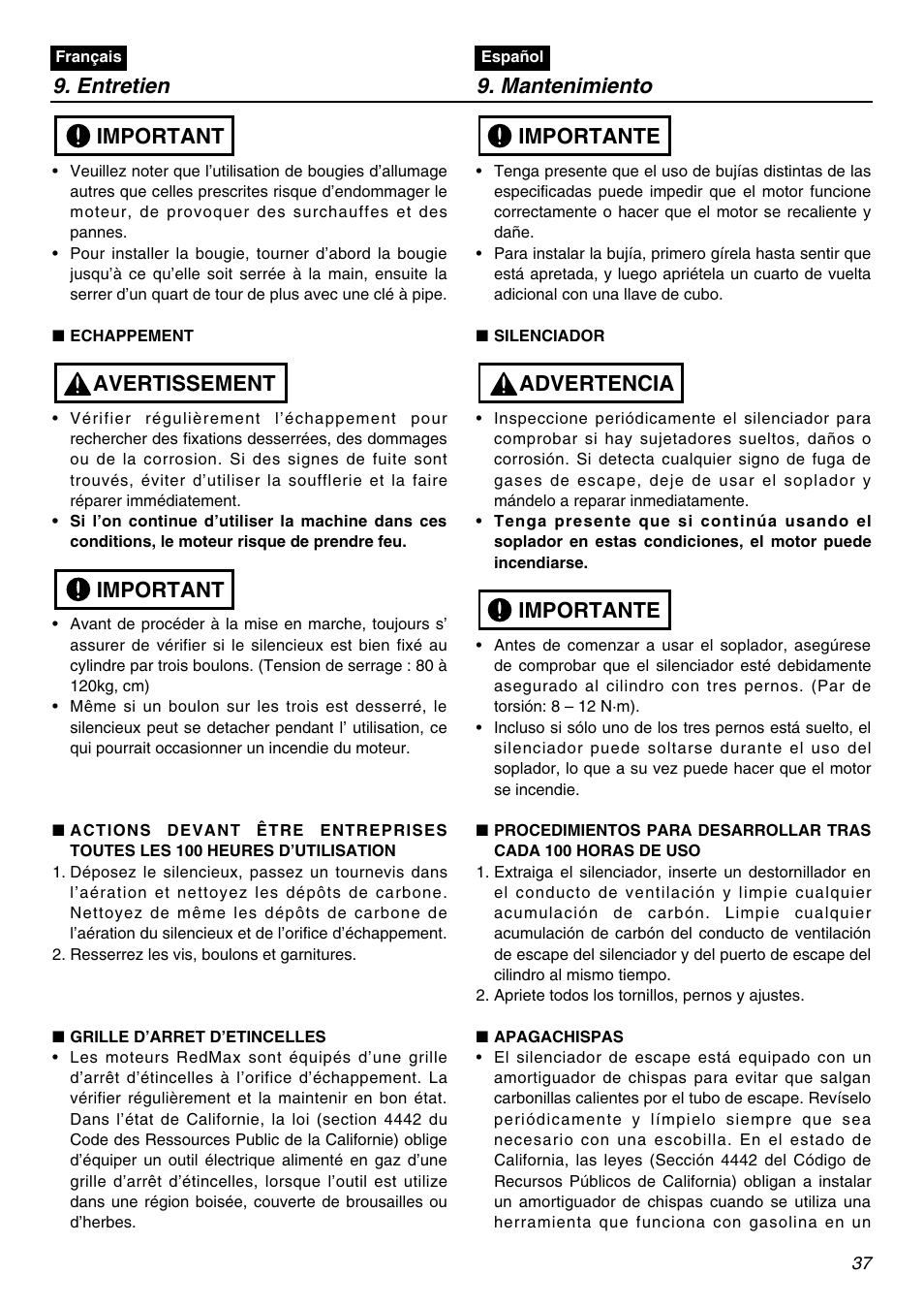 Entretien 9. mantenimiento, Important avertissement important, Importante advertencia importante | RedMax EBZ7001 User Manual | Page 37 / 56