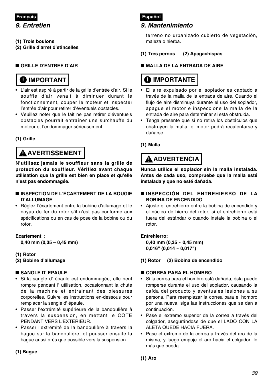 Entretien 9. mantenimiento, Avertissement important, Advertencia importante | RedMax EBZ7001 User Manual | Page 39 / 56