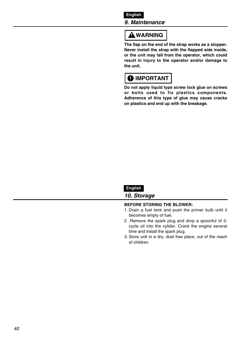 Maintenance, Important warning, Storage | RedMax EBZ7001 User Manual | Page 40 / 56
