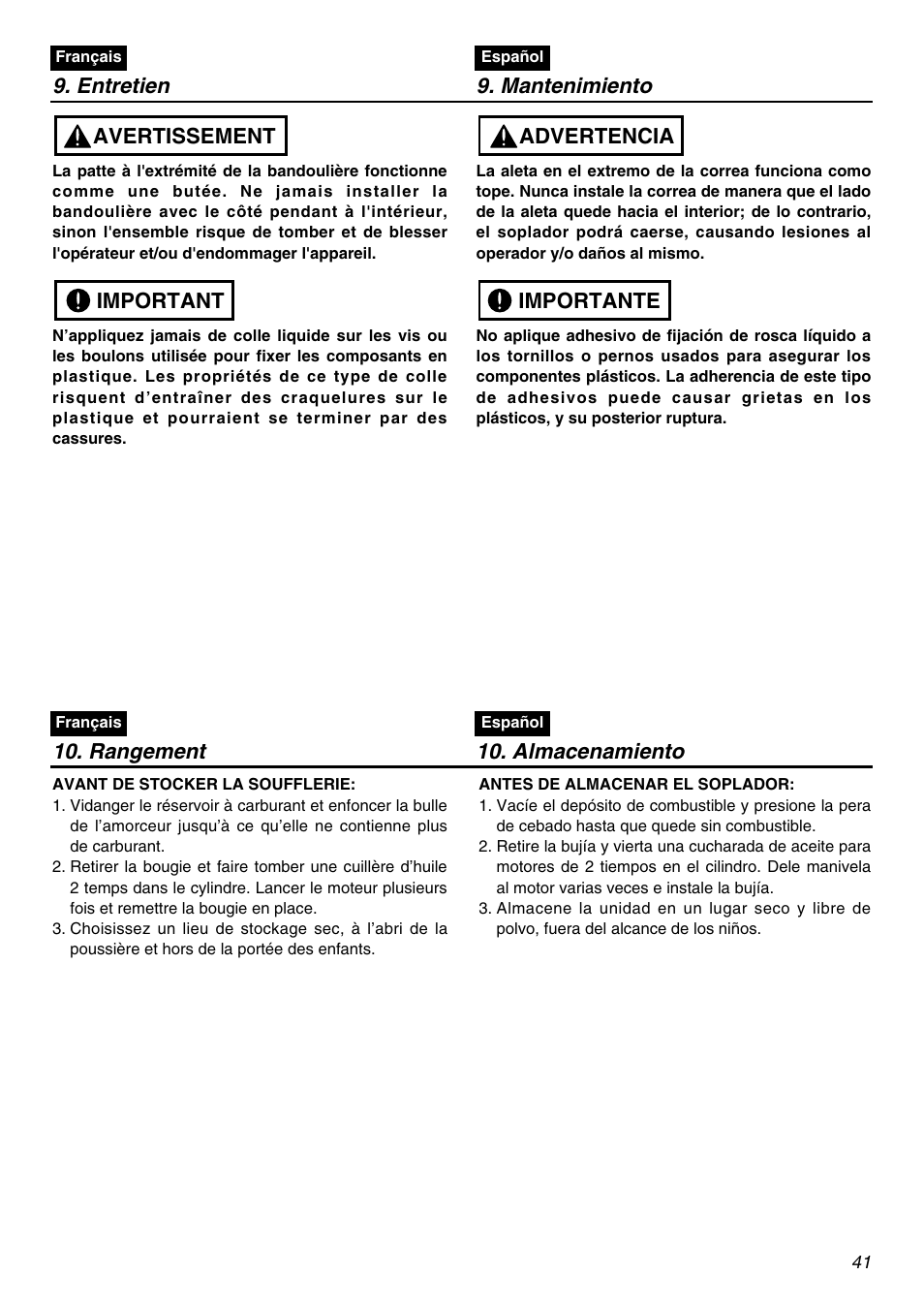 Entretien 9. mantenimiento, Important avertissement, Importante advertencia | Rangement 10. almacenamiento | RedMax EBZ7001 User Manual | Page 41 / 56