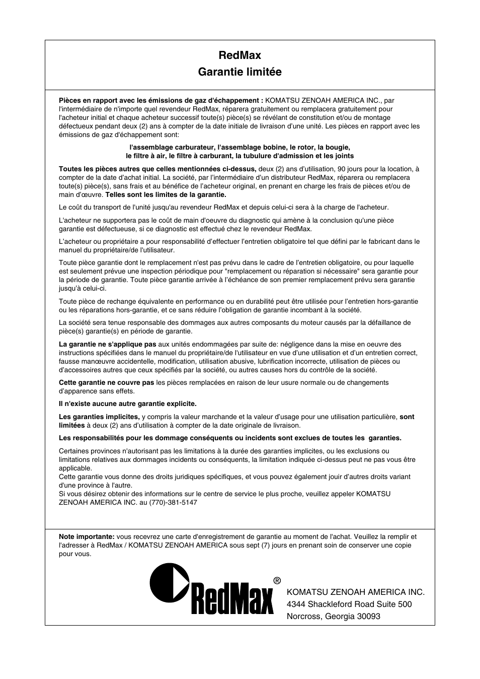 Redmax garantie limitée | RedMax EBZ7001 User Manual | Page 54 / 56