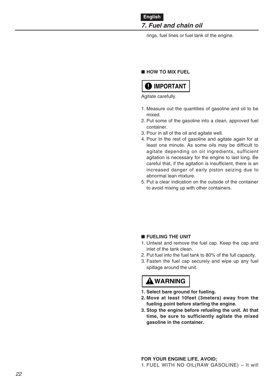 Warning important 7. fuel and chain oil | RedMax G5000AVS User Manual | Page 22 / 72