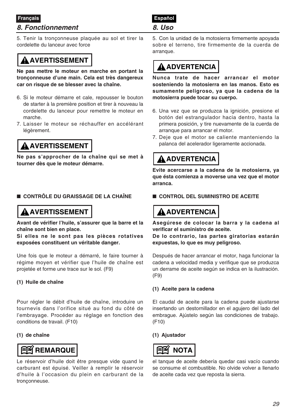 Fonctionnement 8. uso, Remarque avertissement avertissement avertissement, Nota advertencia advertencia advertencia | RedMax G5000AVS User Manual | Page 29 / 72