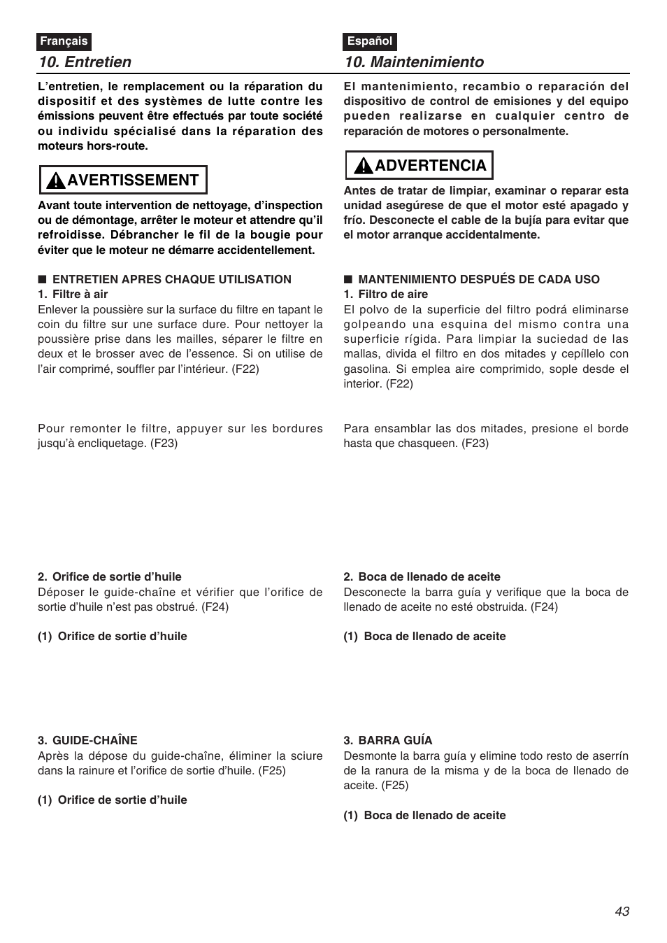 Entretien, Maintenimiento, Avertissement | Advertencia | RedMax G5000AVS User Manual | Page 43 / 72