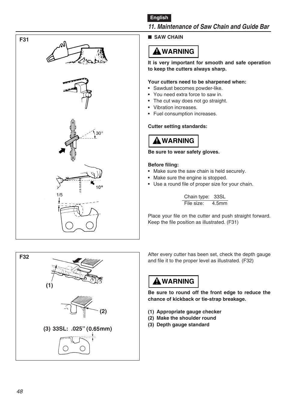 Maintenance of saw chain and guide bar, Warning | RedMax G5000AVS User Manual | Page 48 / 72