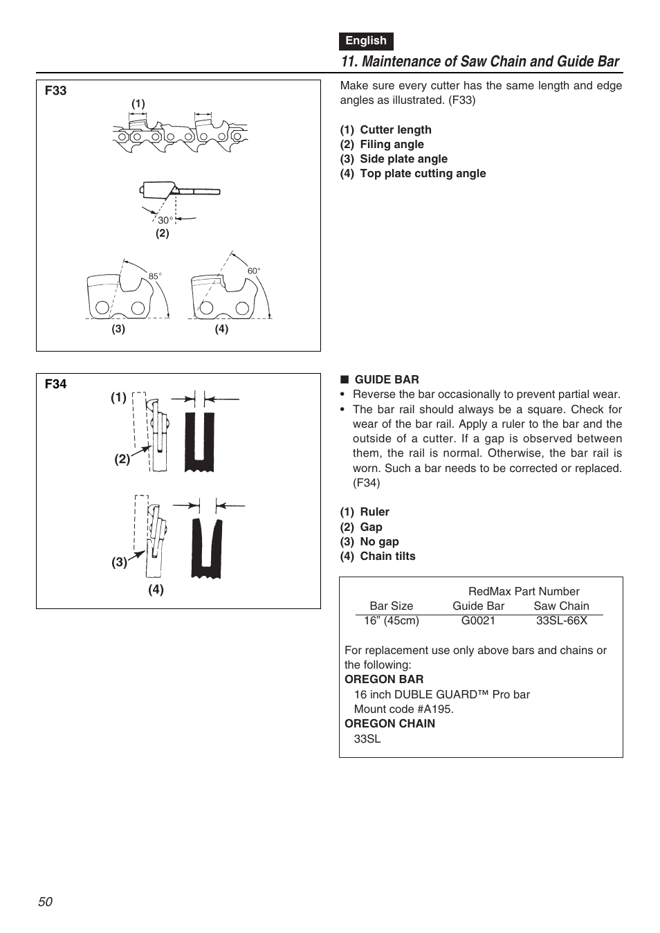 Maintenance of saw chain and guide bar | RedMax G5000AVS User Manual | Page 50 / 72