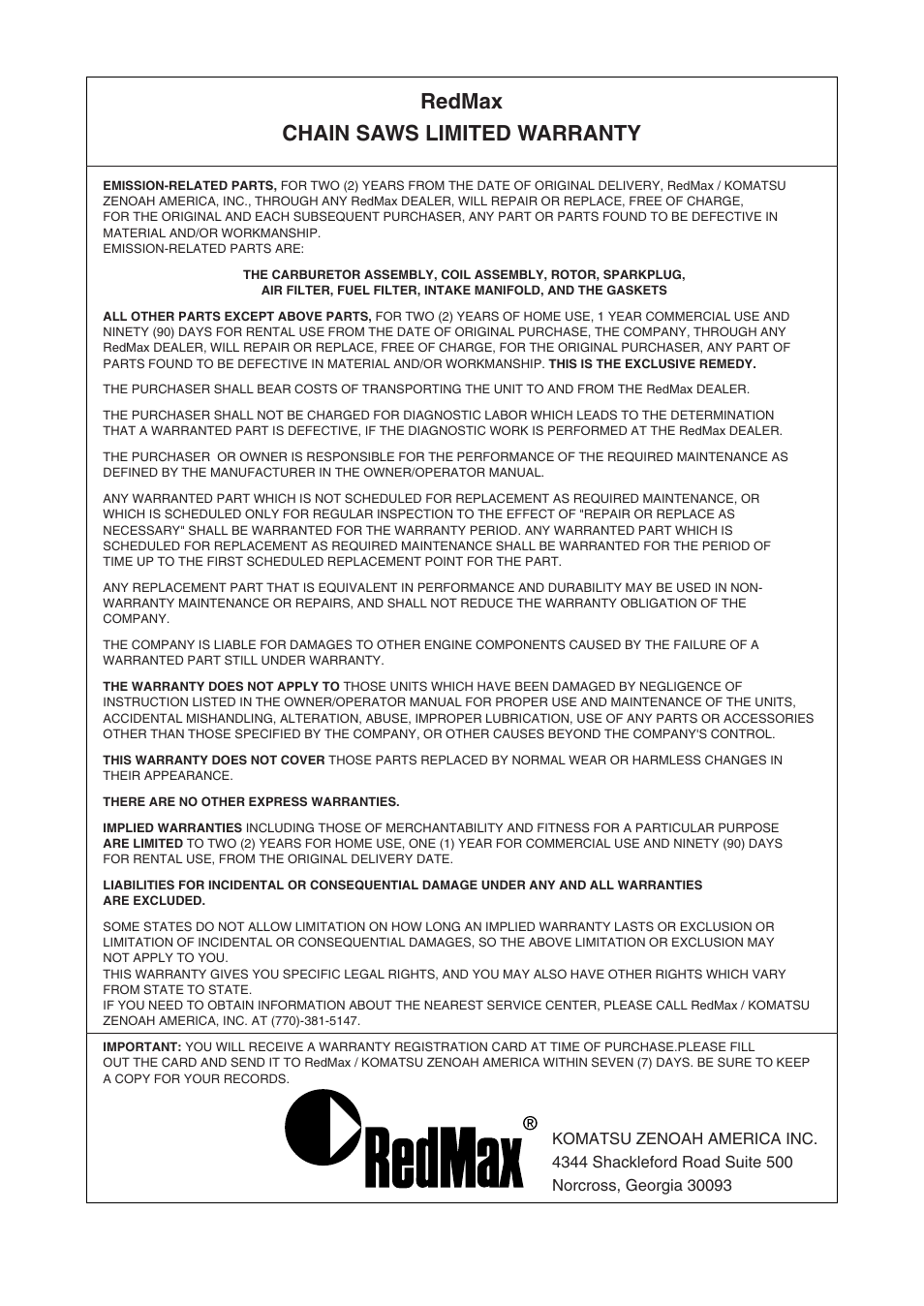 Redmax chain saws limited warranty | RedMax G5000AVS User Manual | Page 67 / 72