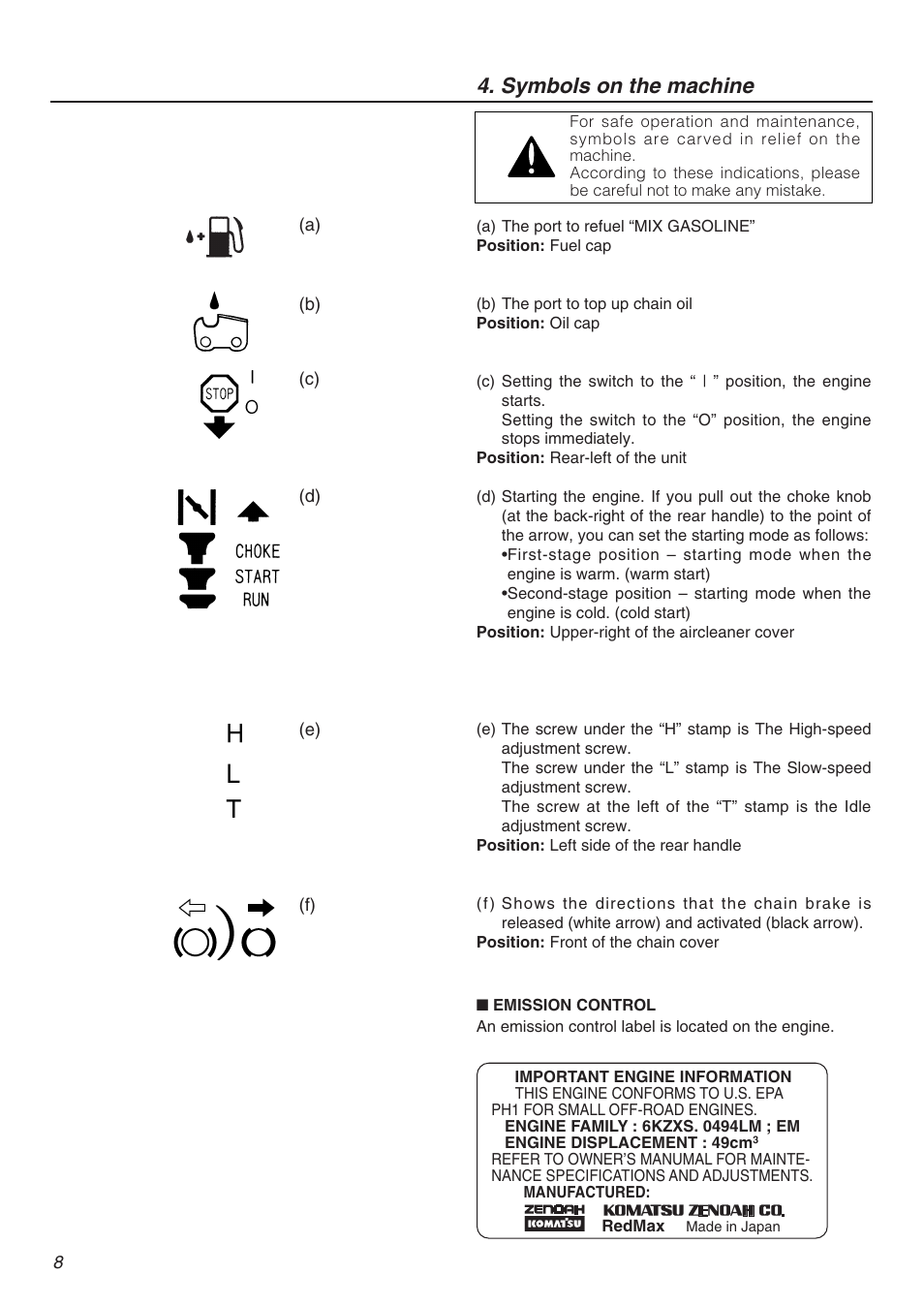 Symbols on the machine | RedMax G5000AVS User Manual | Page 8 / 72