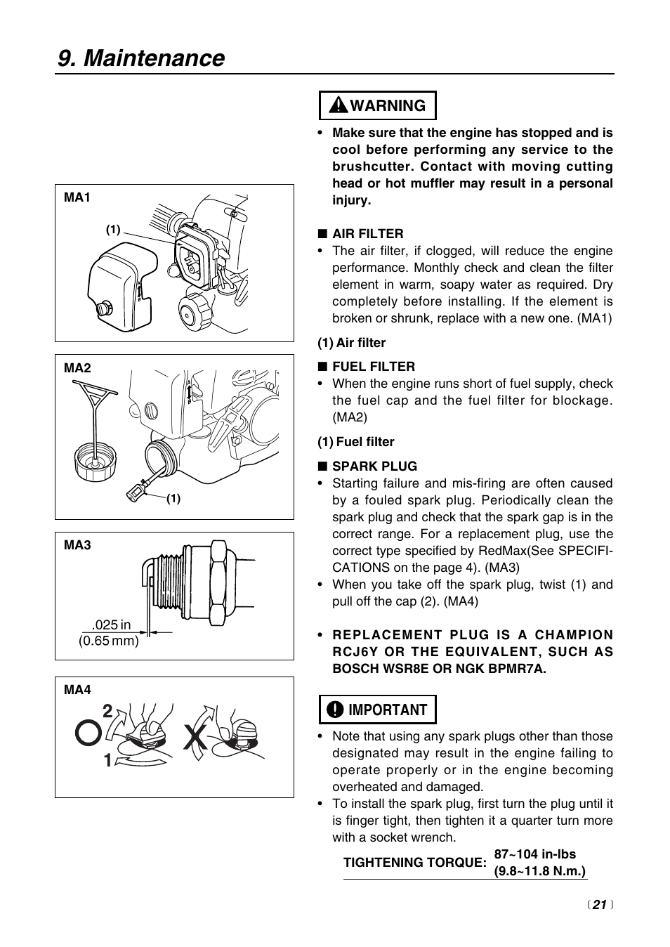 Maintenance | RedMax BT250 User Manual | Page 21 / 31
