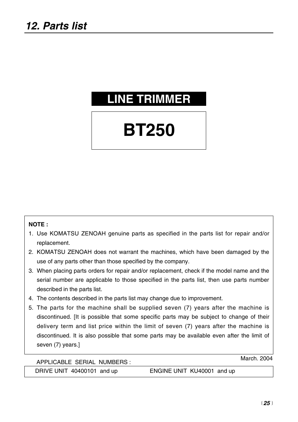 Bt250, Line trimmer, Parts list | RedMax BT250 User Manual | Page 25 / 31