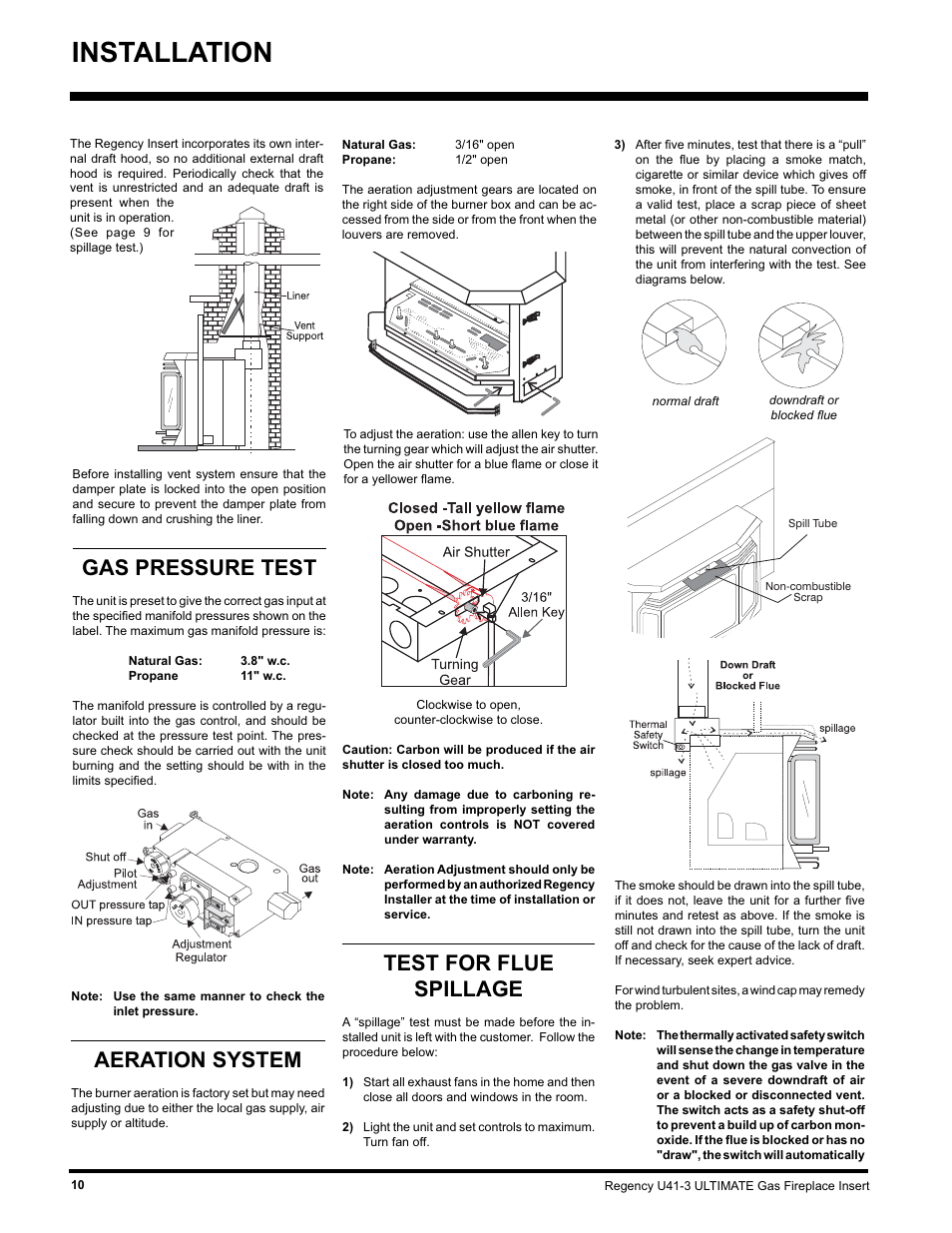 Installation, Gas pressure test, Aeration system | Test for flue spillage | Regency Wraps U41-NG3 User Manual | Page 10 / 24