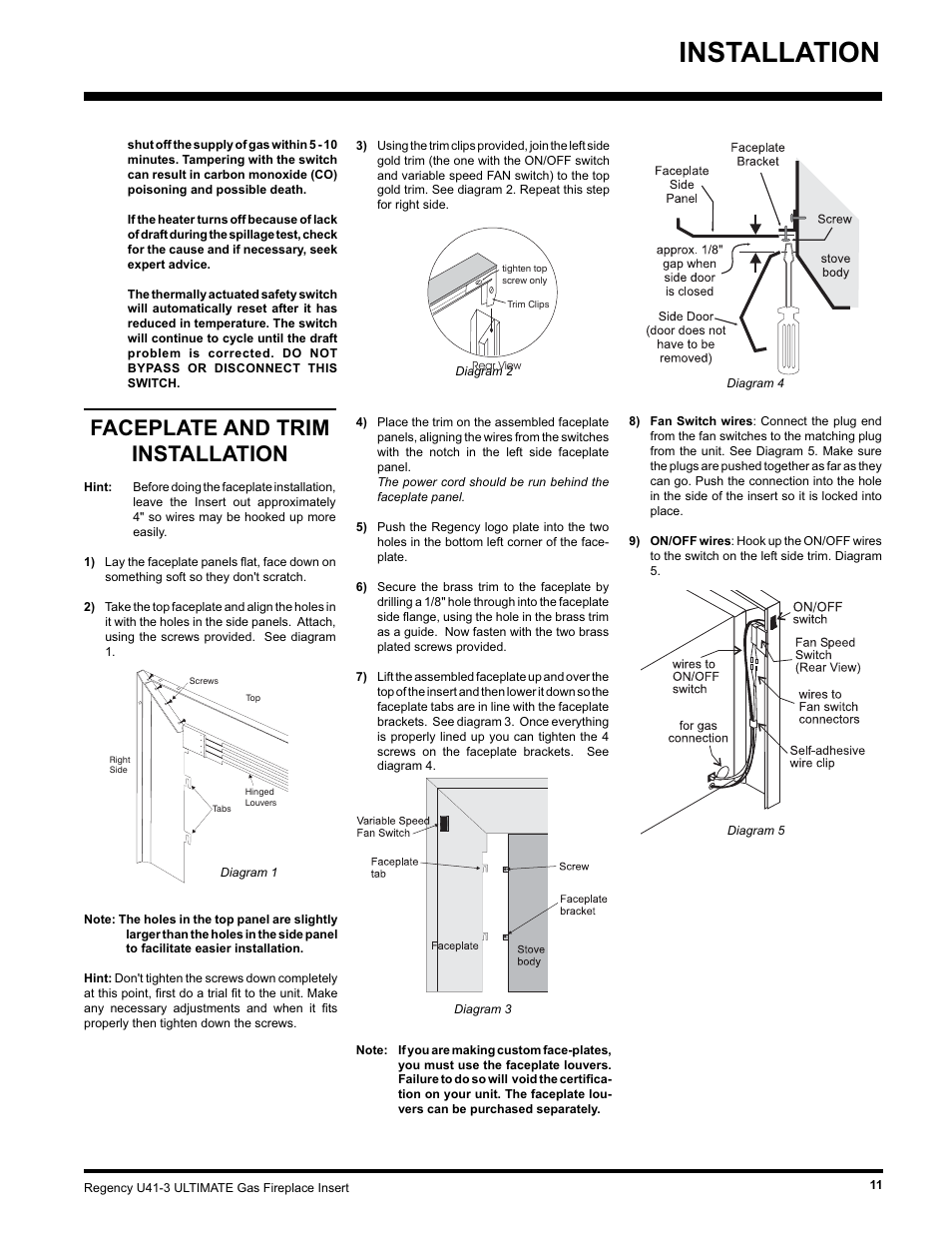 Installation, Faceplate and trim installation | Regency Wraps U41-NG3 User Manual | Page 11 / 24