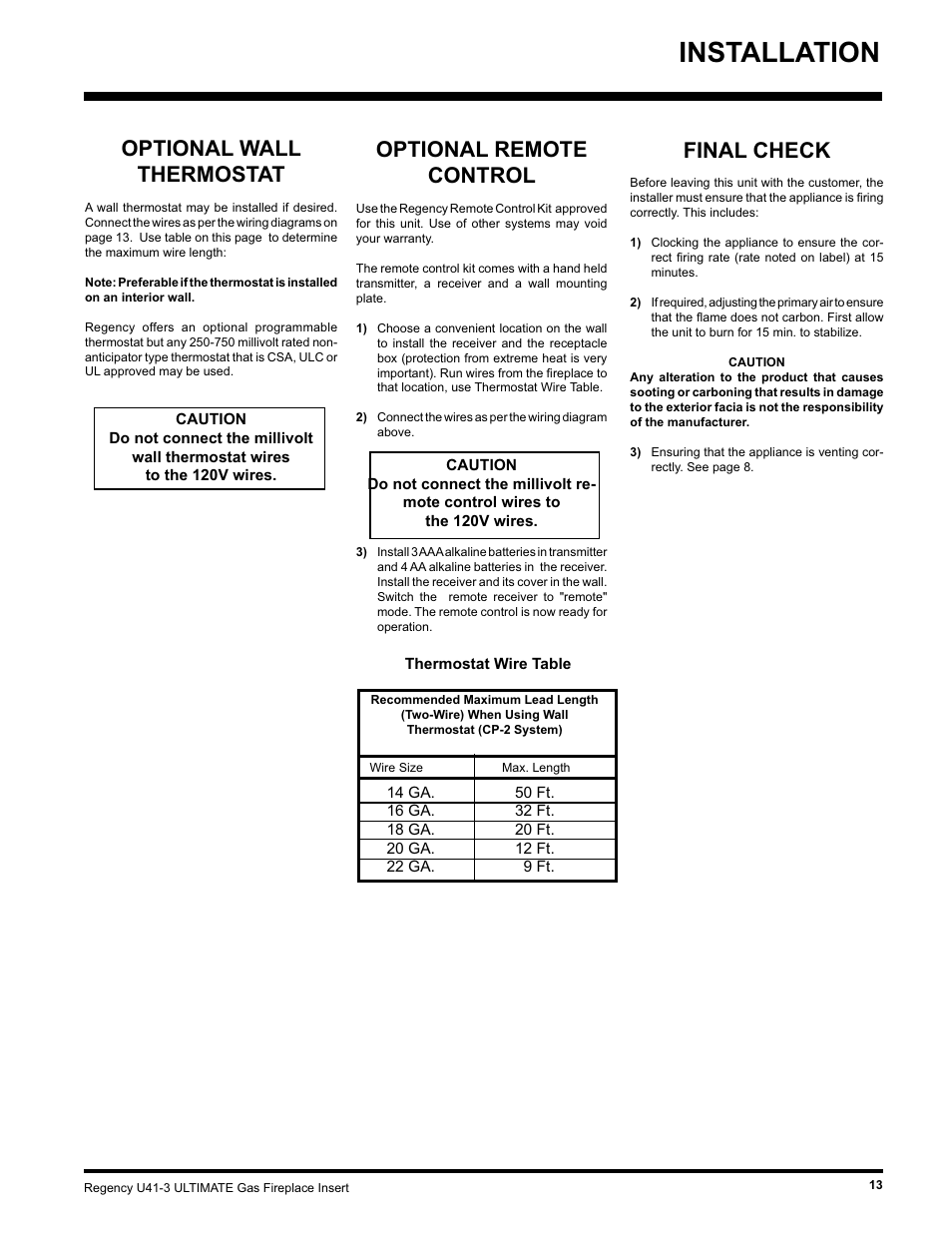 Installation, Optional wall thermostat, Optional remote control | Final check | Regency Wraps U41-NG3 User Manual | Page 13 / 24