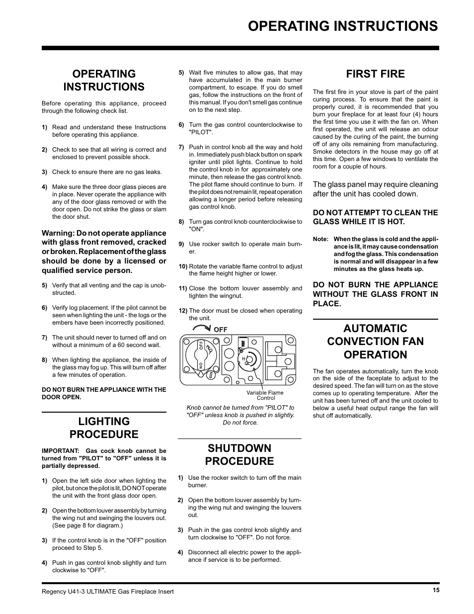 Operating instructions, Lighting procedure, First fire | Automatic convection fan operation, Shutdown procedure | Regency Wraps U41-NG3 User Manual | Page 15 / 24
