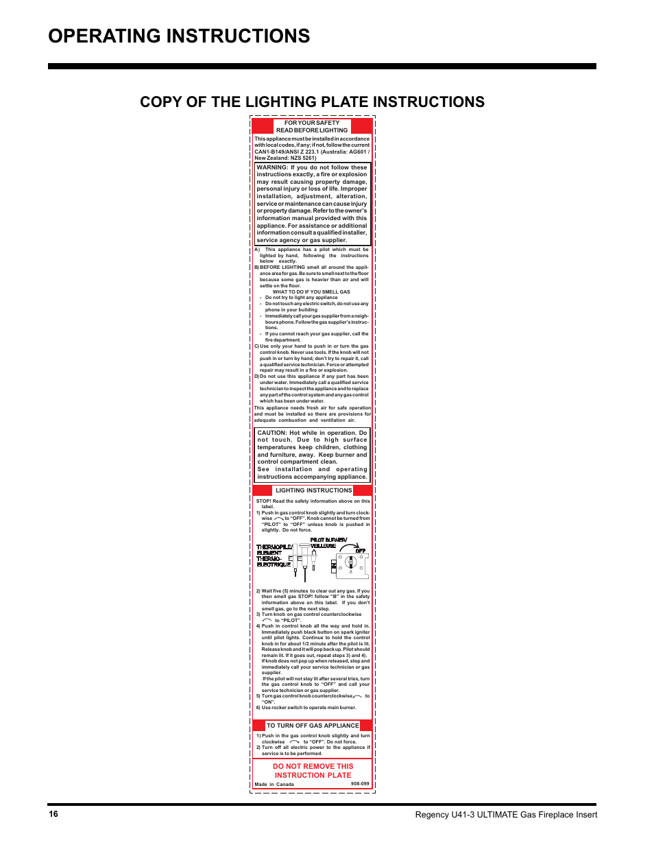 Operating instructions, Copy of the lighting plate instructions | Regency Wraps U41-NG3 User Manual | Page 16 / 24