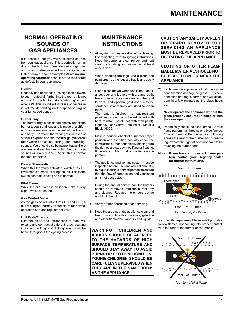 Maintenance, Normal operating sounds of gas appliances, Maintenance instructions | Regency Wraps U41-NG3 User Manual | Page 17 / 24