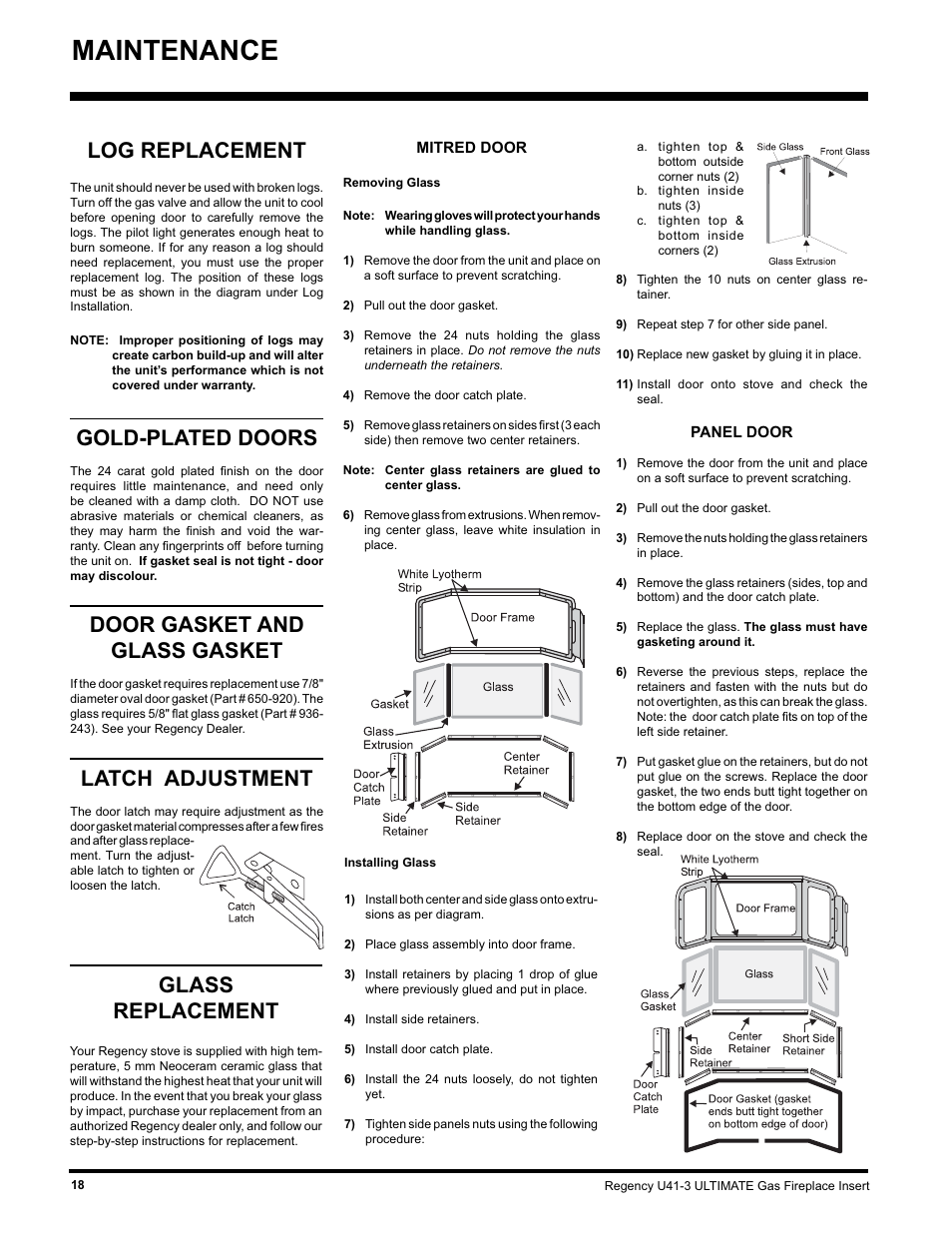 Maintenance, Glass replacement, Log replacement | Gold-plated doors, Door gasket and glass gasket, Latch adjustment | Regency Wraps U41-NG3 User Manual | Page 18 / 24