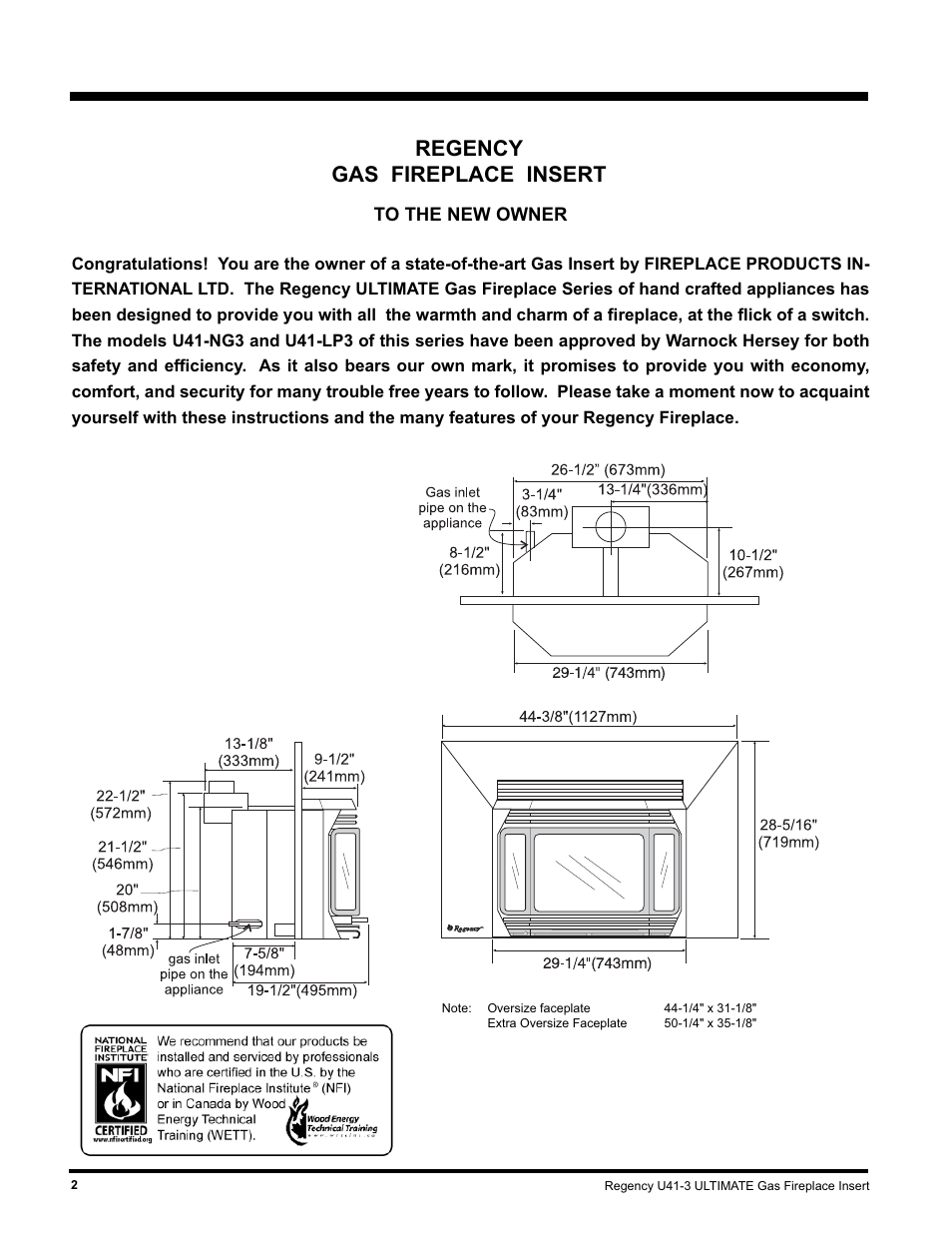 Regency gas fireplace insert | Regency Wraps U41-NG3 User Manual | Page 2 / 24