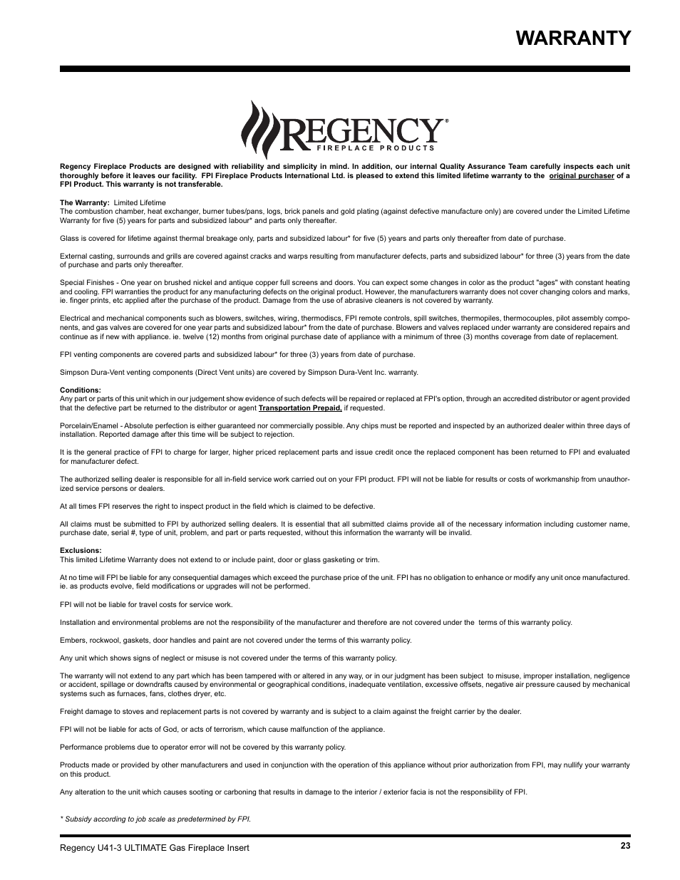 Warranty | Regency Wraps U41-NG3 User Manual | Page 23 / 24