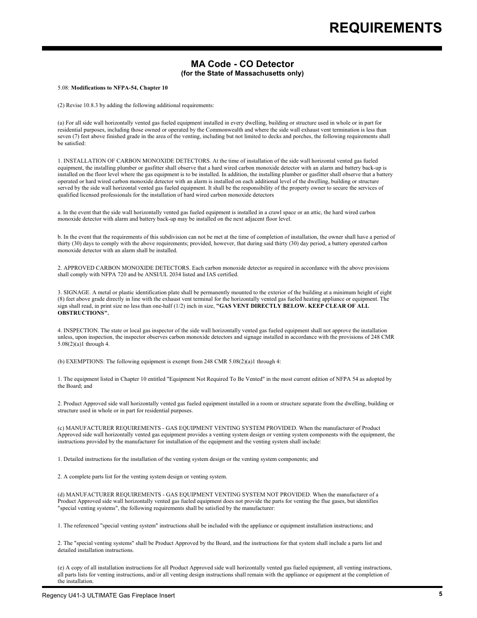 Requirements, Ma code - co detector | Regency Wraps U41-NG3 User Manual | Page 5 / 24