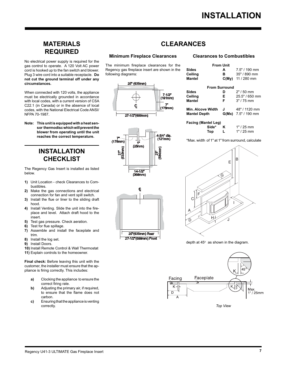 Installation, Materials required, Installation checklist | Clearances | Regency Wraps U41-NG3 User Manual | Page 7 / 24