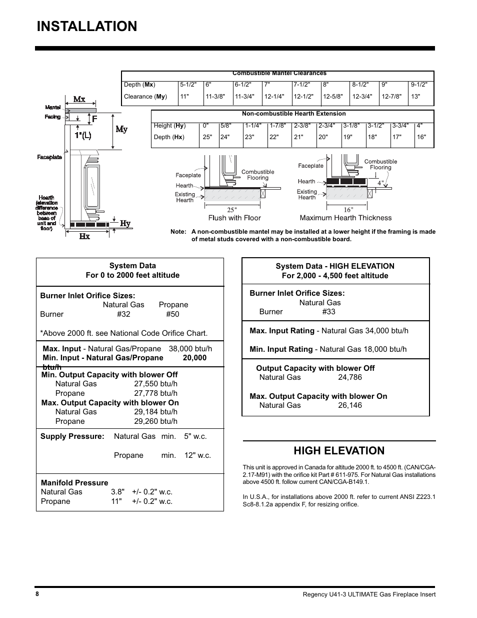 Installation, High elevation | Regency Wraps U41-NG3 User Manual | Page 8 / 24