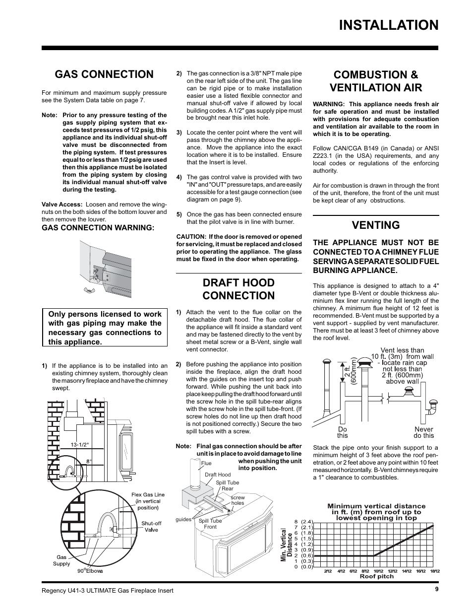 Installation, Gas connection, Combustion & ventilation air | Venting, Draft hood connection | Regency Wraps U41-NG3 User Manual | Page 9 / 24