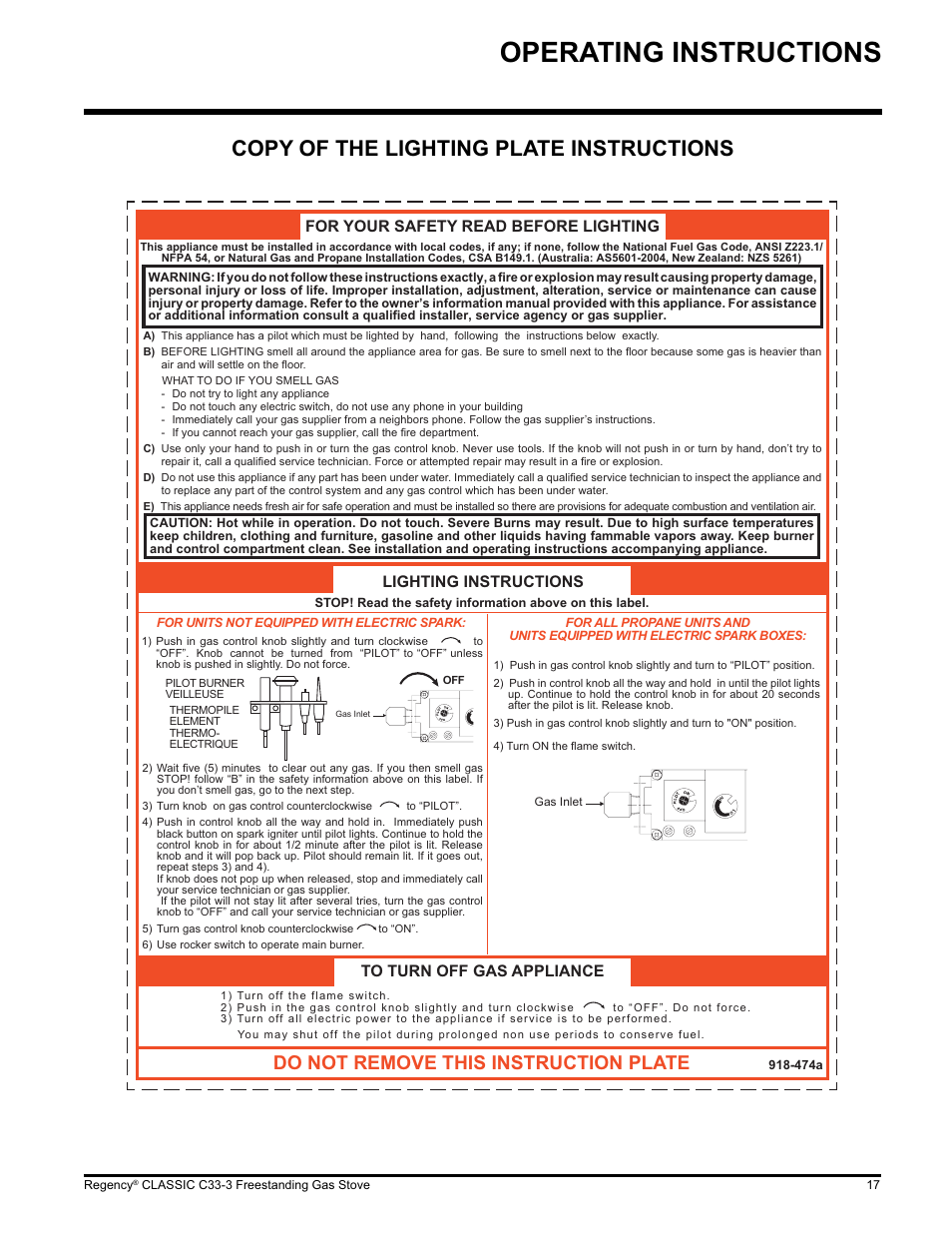 Operating instructions, Copy of the lighting plate instructions, Do not remove this instruction plate | For your safety read before lighting, Lighting instructions to turn off gas appliance | Regency Wraps C33-NG3 User Manual | Page 17 / 28