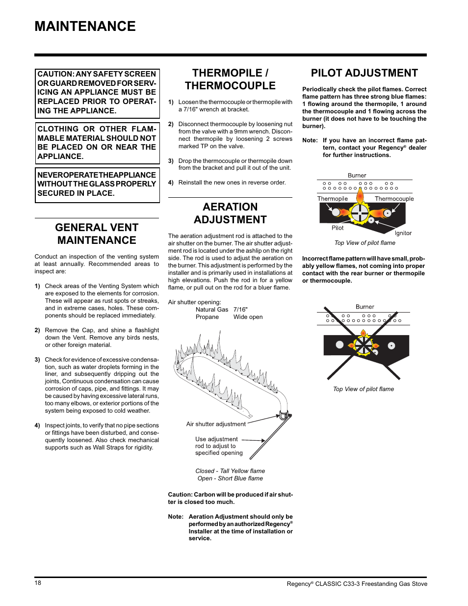 Maintenance, Pilot adjustment, General vent maintenance | Thermopile / thermocouple, Aeration adjustment | Regency Wraps C33-NG3 User Manual | Page 18 / 28