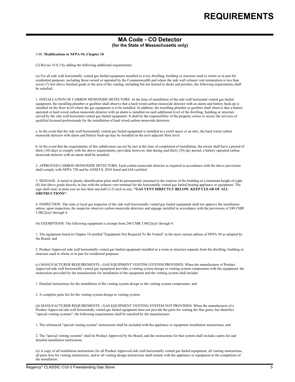 Requirements, Ma code - co detector | Regency Wraps C33-NG3 User Manual | Page 5 / 28
