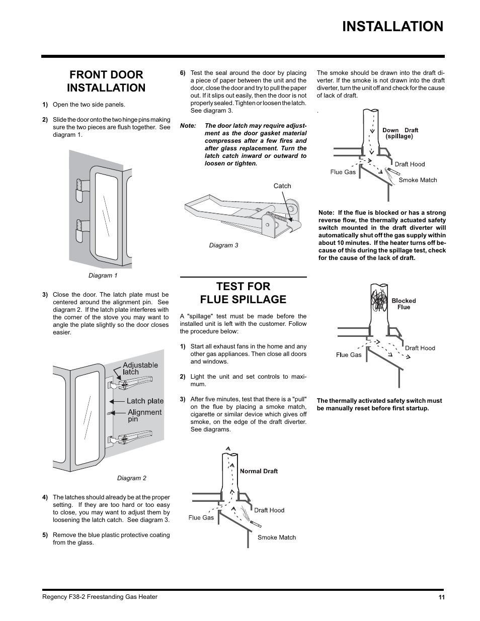 Installation, Test for flue spillage, Front door installation | Regency Wraps F38-LPG2 User Manual | Page 11 / 24