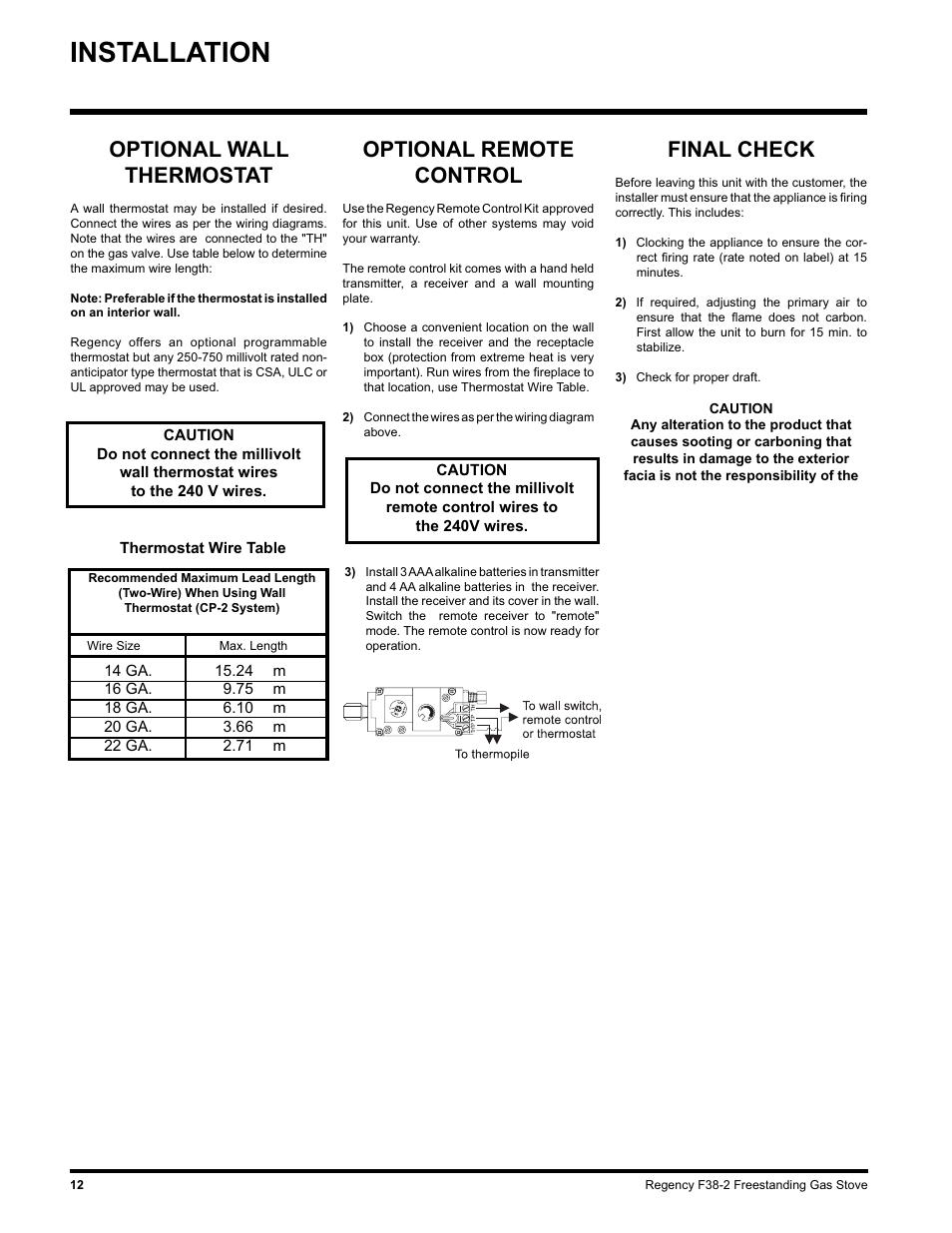 Installation, Optional remote control, Final check | Optional wall thermostat | Regency Wraps F38-LPG2 User Manual | Page 12 / 24