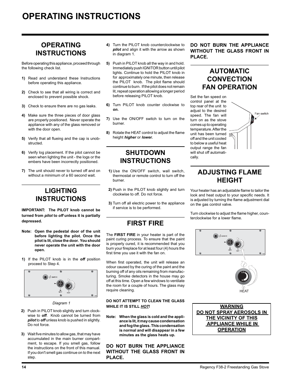 Operating instructions, Shutdown instructions, First fire | Lighting instructions, Adjusting flame height, Automatic convection fan operation | Regency Wraps F38-LPG2 User Manual | Page 14 / 24
