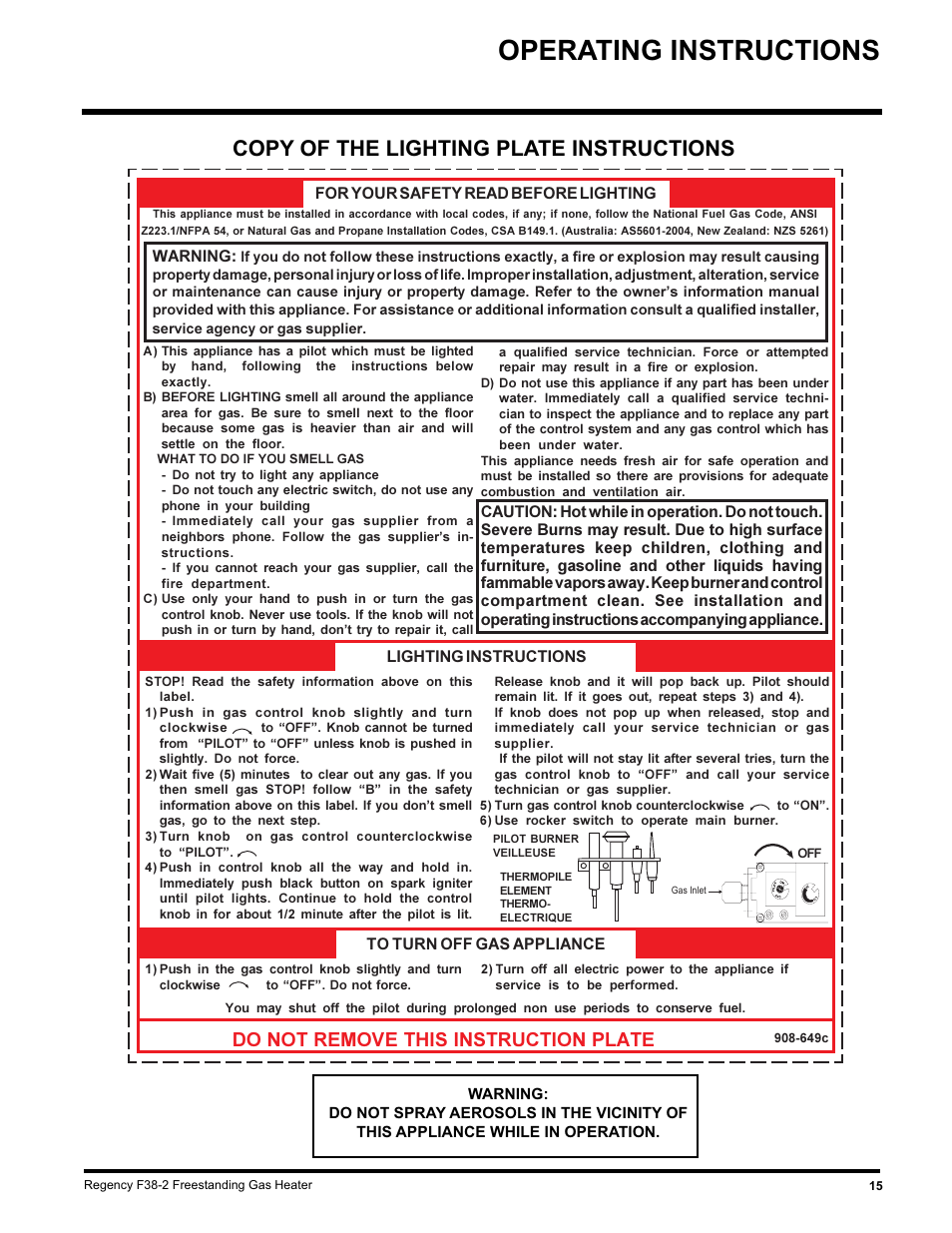Operating instructions, Copy of the lighting plate instructions, Do not remove this instruction plate | Regency Wraps F38-LPG2 User Manual | Page 15 / 24