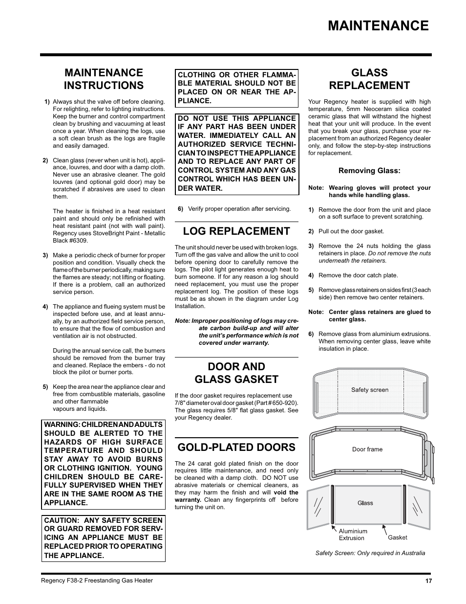 Maintenance, Maintenance instructions, Log replacement | Door and glass gasket, Gold-plated doors, Glass replacement | Regency Wraps F38-LPG2 User Manual | Page 17 / 24