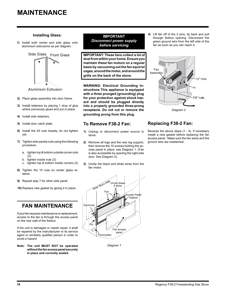 Maintenance, Fan maintenance, Replacing f38-2 fan | Regency Wraps F38-LPG2 User Manual | Page 18 / 24