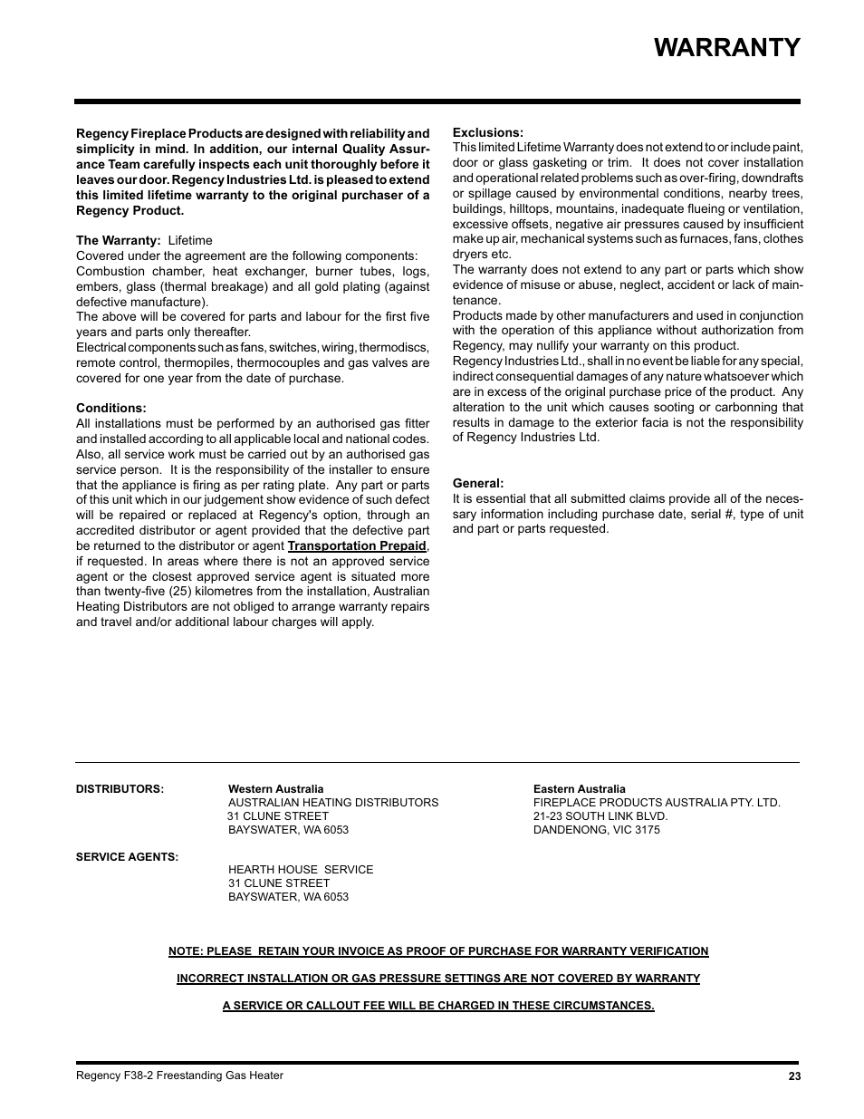 Warranty | Regency Wraps F38-LPG2 User Manual | Page 23 / 24