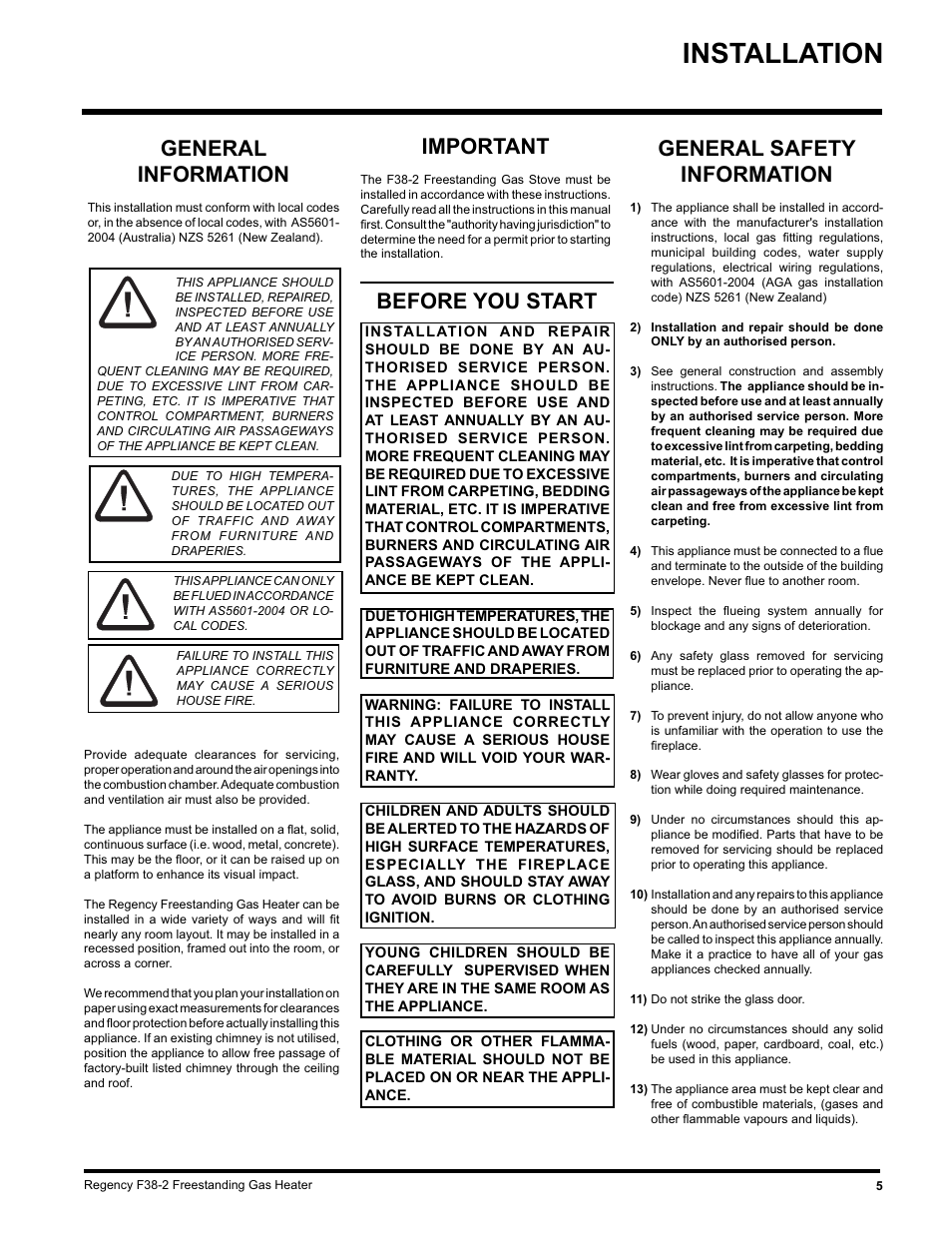 Installation, General safety information, General information | Before you start, Important | Regency Wraps F38-LPG2 User Manual | Page 5 / 24
