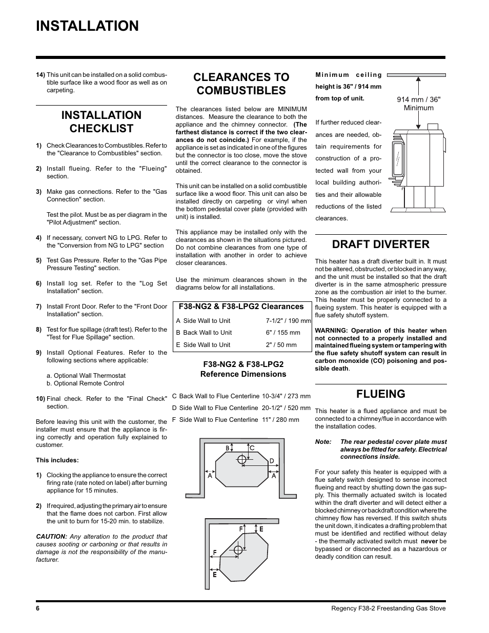 Installation, Clearances to combustibles, Draft diverter | Flueing, Installation checklist | Regency Wraps F38-LPG2 User Manual | Page 6 / 24