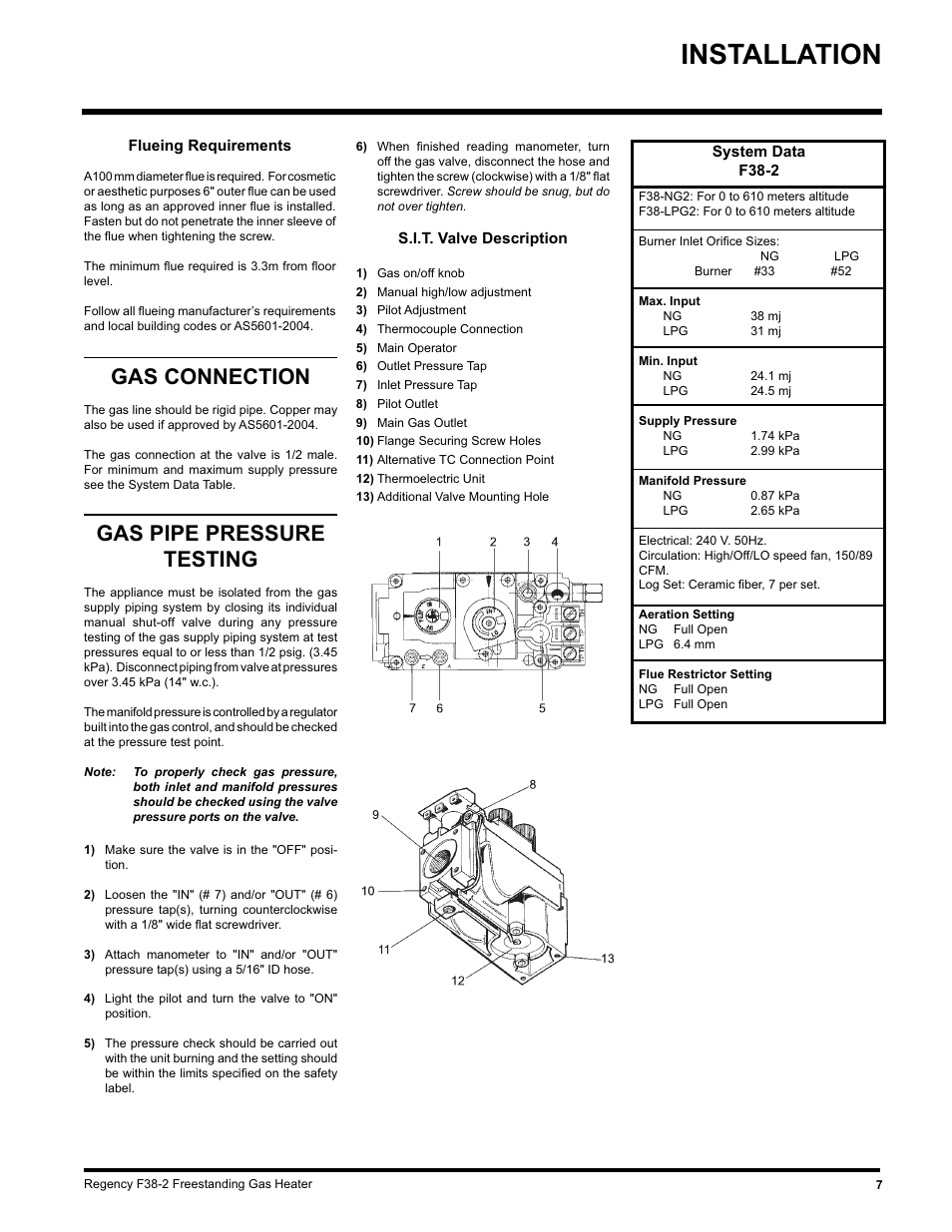 Installation, Gas connection, Gas pipe pressure testing | Regency Wraps F38-LPG2 User Manual | Page 7 / 24