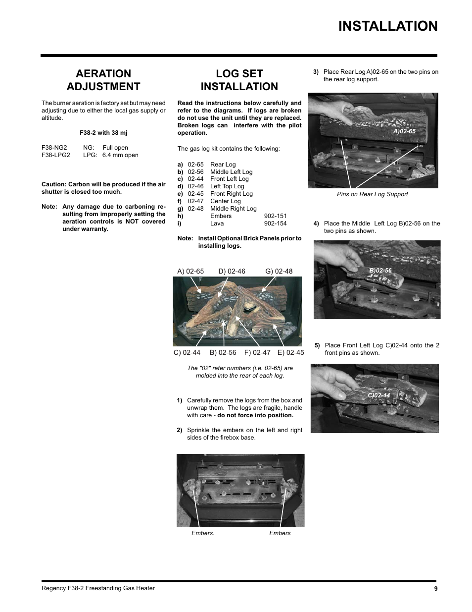Installation, Aeration adjustment, Log set installation | Regency Wraps F38-LPG2 User Manual | Page 9 / 24