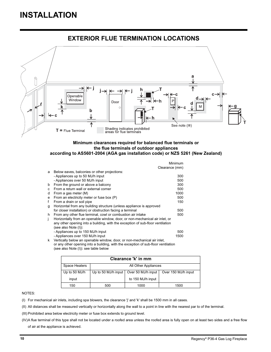 Installation, Exterior flue termination locations | Regency Wraps P36-LPG4 User Manual | Page 10 / 44