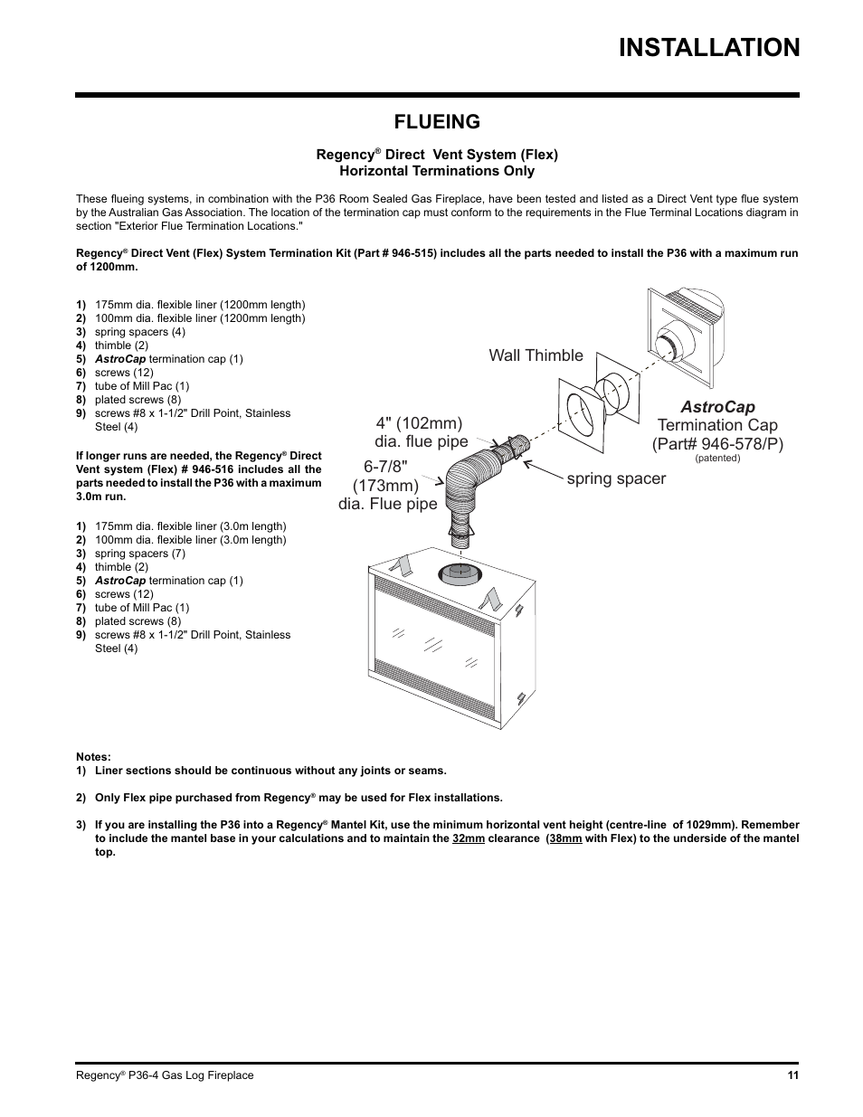 Installation, Flueing, Wall thimble | Regency Wraps P36-LPG4 User Manual | Page 11 / 44