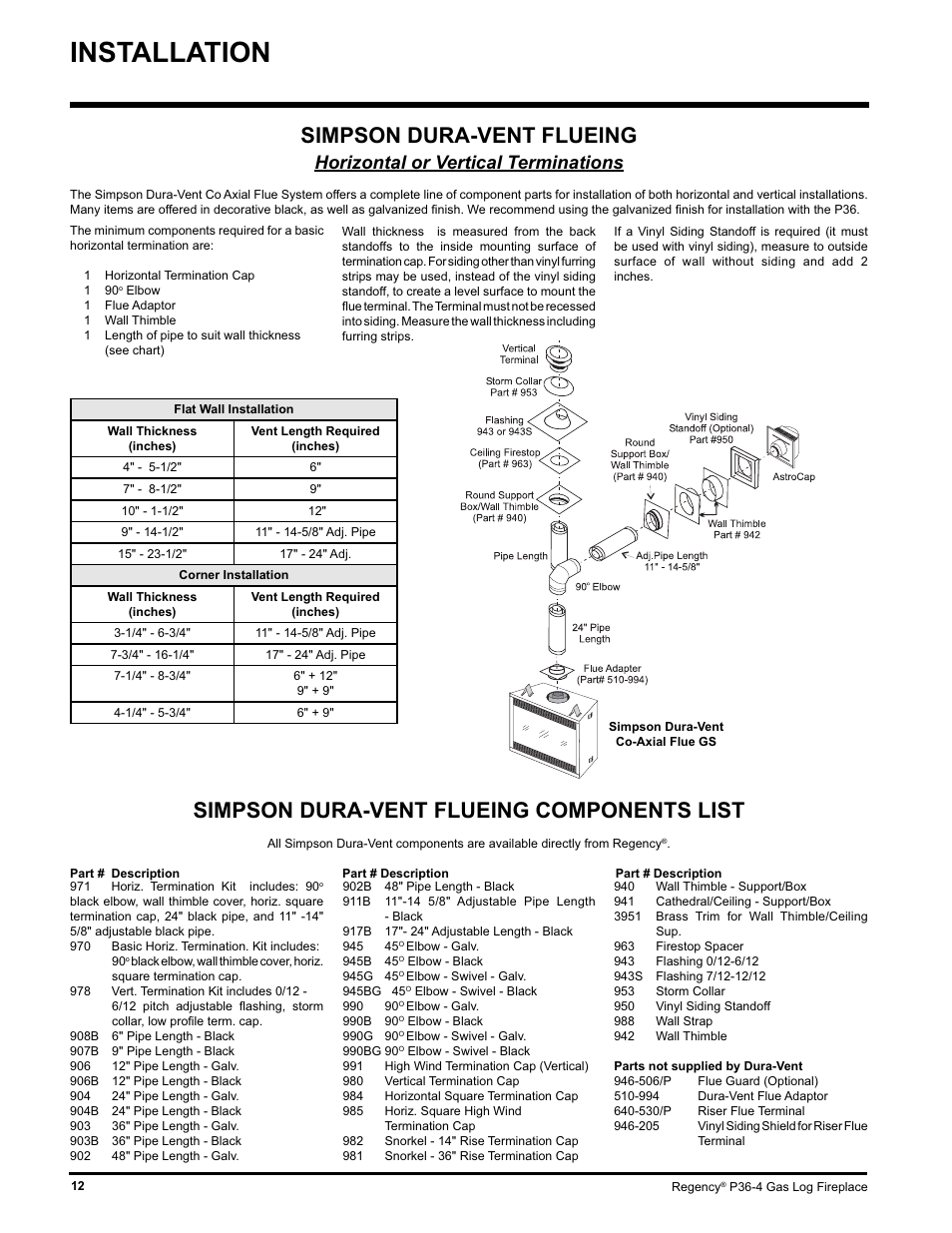 Installation, Simpson dura-vent flueing components list, Simpson dura-vent flueing | Horizontal or vertical terminations | Regency Wraps P36-LPG4 User Manual | Page 12 / 44