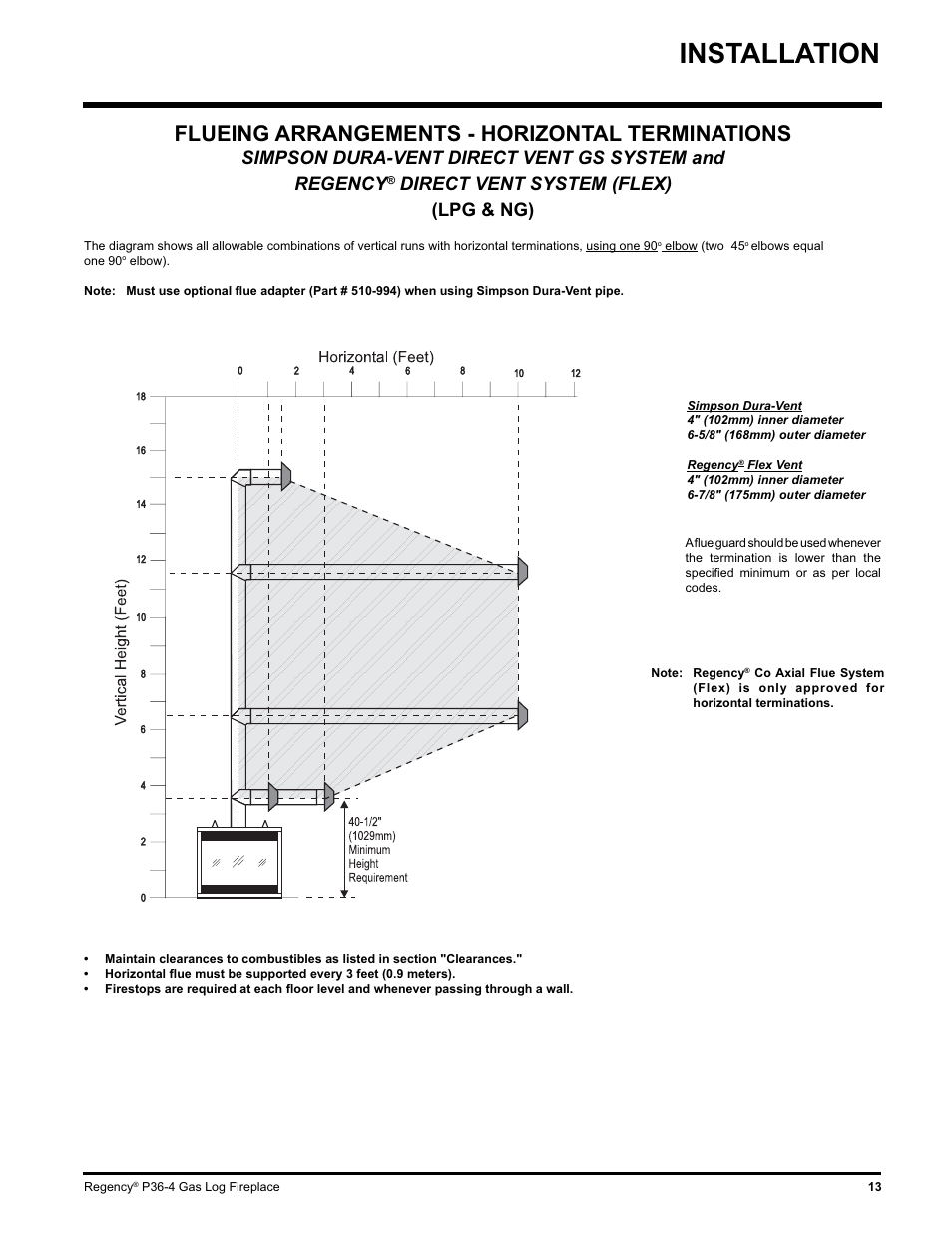 Installation, Flueing arrangements - horizontal terminations, Direct vent system (flex) (lpg & ng) | Regency Wraps P36-LPG4 User Manual | Page 13 / 44
