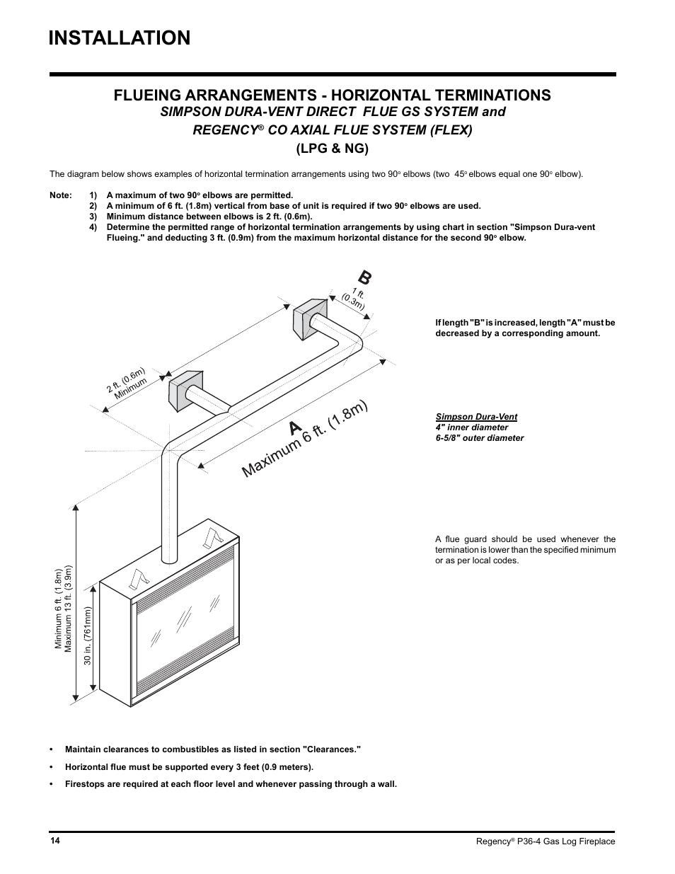 Installation, Flueing arrangements - horizontal terminations, Co axial flue system (flex) (lpg & ng) | Regency Wraps P36-LPG4 User Manual | Page 14 / 44