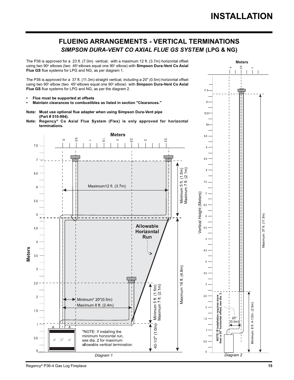 Installation, Flueing arrangements - vertical terminations, Simpson dura-vent co axial flue gs system | Lpg & ng) | Regency Wraps P36-LPG4 User Manual | Page 15 / 44